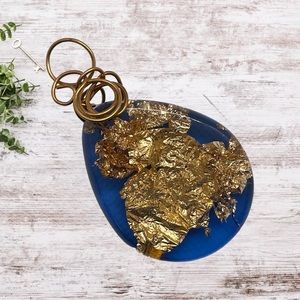 Hand Wrapped Gold Leaf Pendant Sapphire Blue Resin Wearable Art